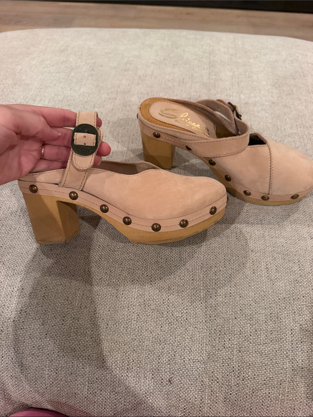 Sbicca Blush Beige Suede Platform Clogs with Stud Accents